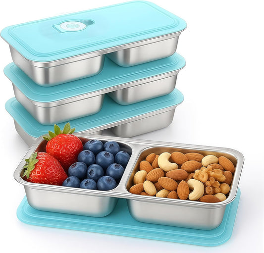 4Pcs 304 Stainless Steel Bento Boxes, 30 oz 2 Compartments Portable Food Storage Containers Snack Boxes with Leakproof Lids, Divided Meal Prep Lunch Box Food Container Dishwasher Safe