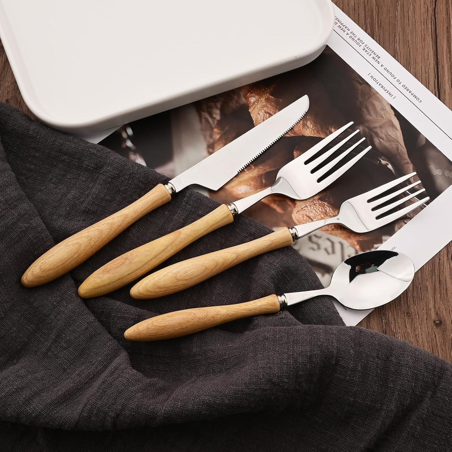 304 Stainless Steel Flatware Silverware Set with Wooden Handles, Rustic Tableware Cutlery Set for 6, Natural Wood Grain Knives Forks Spoons Set, (24 PCS, White Ash Wood Handle)
