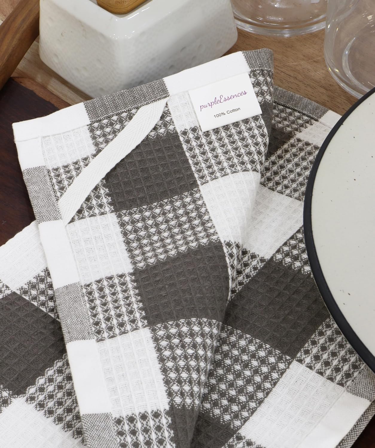 PurpleEssences 100% Cotton Waffle Weave Check Plaid Kitchen Towels, Super Soft and Absorbent Dish Towels for Drying Dishes 15 x 25-6 Pack - Fall Thanksgiving - Steel Grey and White