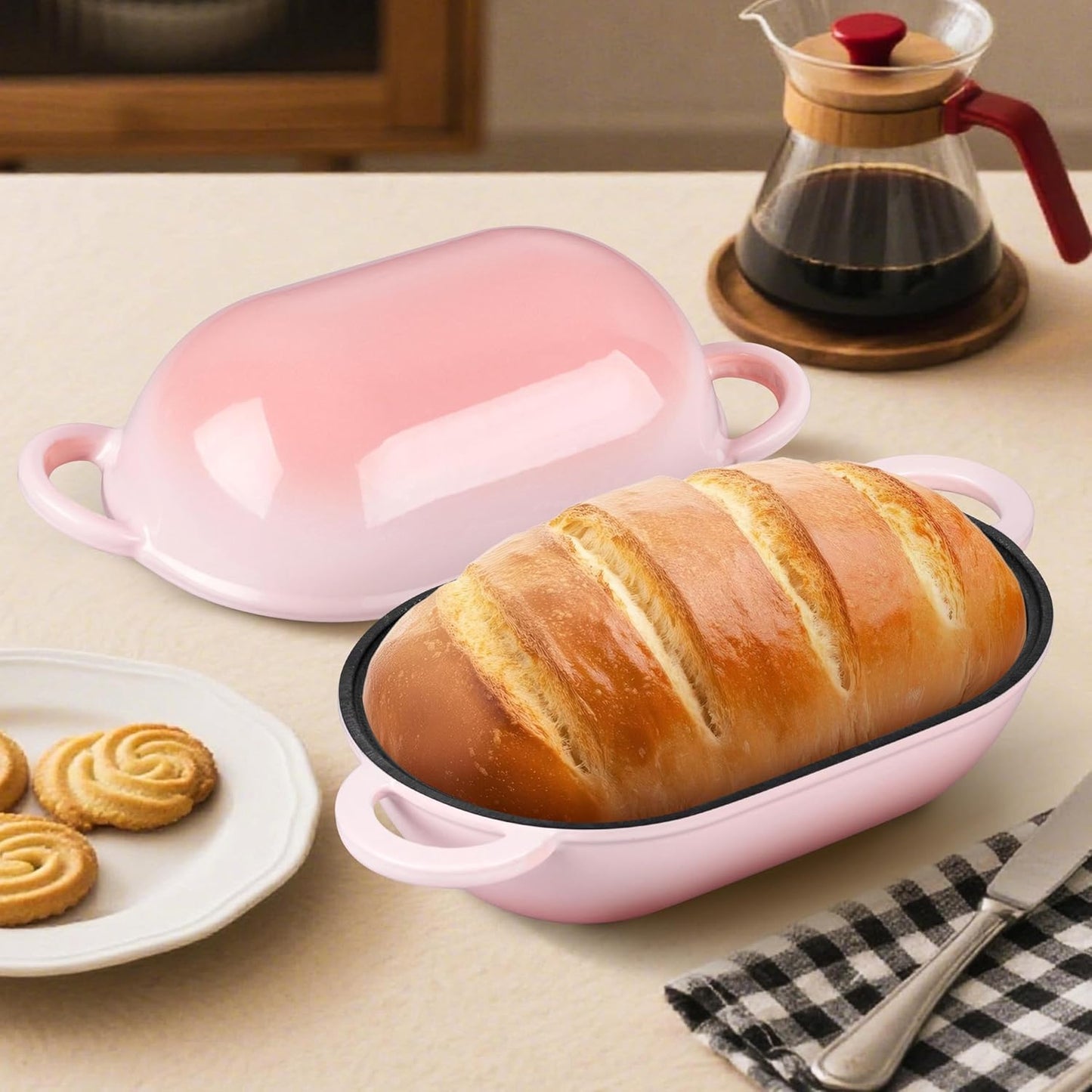 Homikit Enameled Cast Iron Dutch Oven for Bread Baking, 2.8 QT Oval Bread Oven Pot with Lid, Cast Iron Dutch Oven Loaf Sourdough Pan for Roasting Cooking, Pink & Heavy Duty