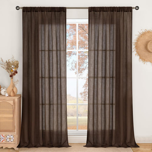 BGment Brown Linen Curtains 80 Inches Long for Living Room, Window Drapes Semi Sheer Rustic Textured for Farmhouse Beroom Dining Room Decor Rod Pocket Lightweight, 2 Panels Set, Each 52 Inch Wide