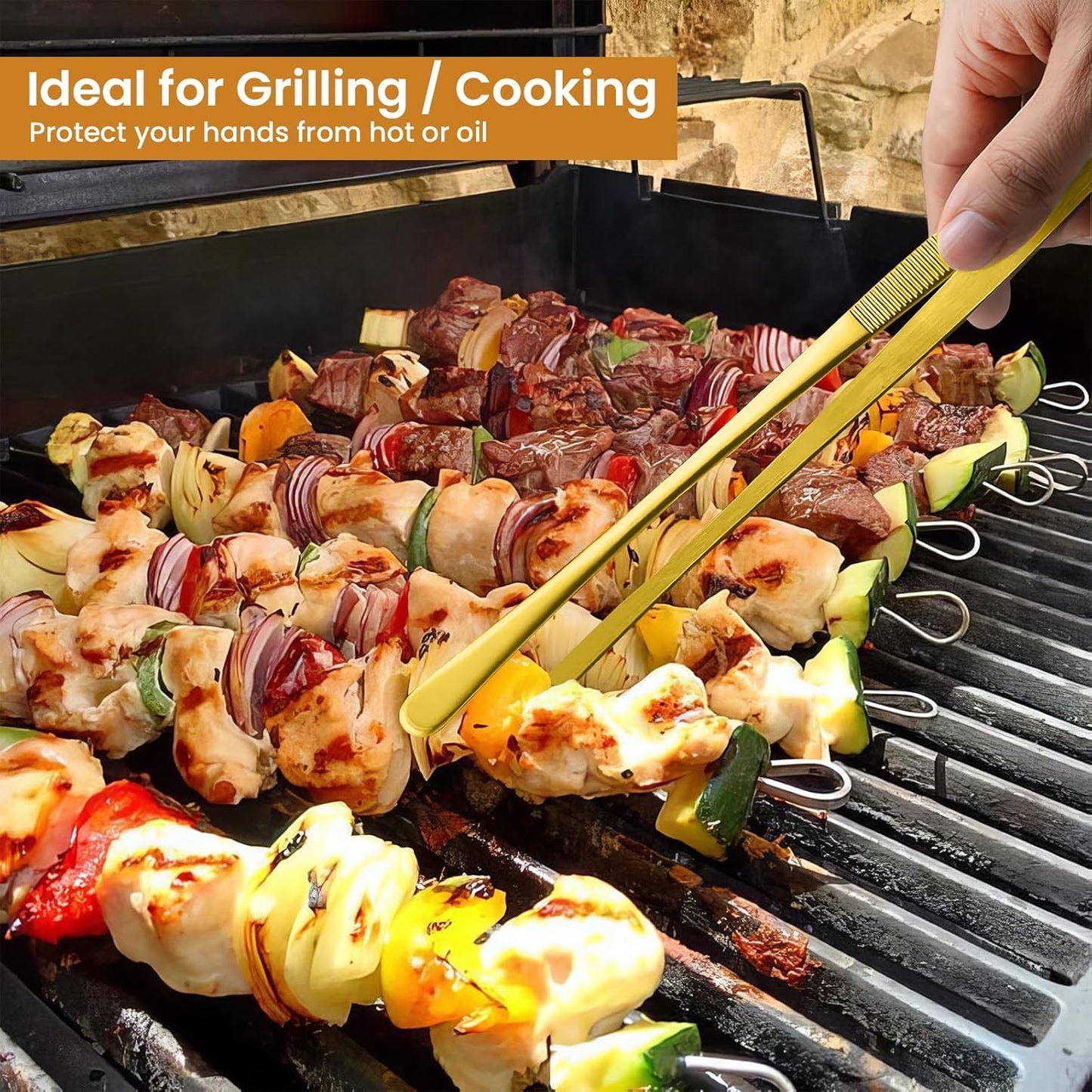 GEEKHOM 2 Pcs 12-Inch Gold Kitchen Tweezer Tongs, Stainless Steel Cooking Tweezers with Serrated Tips for Professional Plating, Grill & BBQ