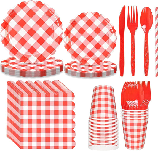 192 PCS Gingham Party Supplies Serve 24 Guests Gingham Plates and Napkins and Cups for Birthday Decorations Baby Shower Checkered Party Dinnerware Sets for Girl Boy Light Red Christmas