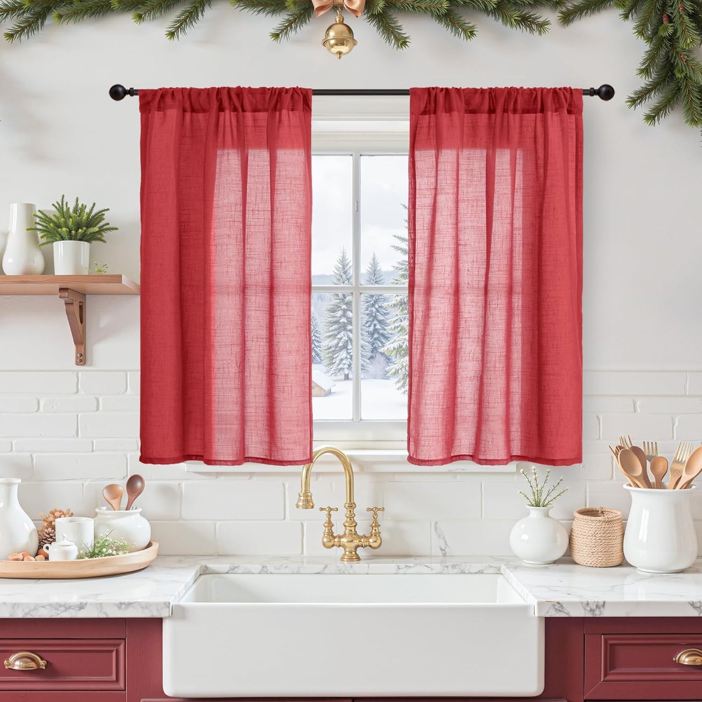 BGment Red Linen Curtains 40 Inch Length for Kitchen Window, Short Semi Sheer Drapes with Rod Pocket for Cafe Over Sink Bathroom Lightweight Christmas Party Decor, 2 Panels, Each 30 Inch Wide