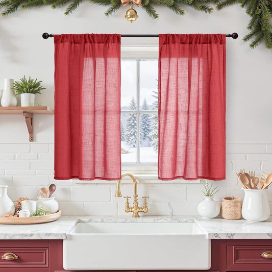 BGment Red Linen Curtains 40 Inch Length for Kitchen Window, Short Semi Sheer Drapes with Rod Pocket for Cafe Over Sink Bathroom Lightweight Christmas Party Decor, 2 Panels, Each 30 Inch Wide