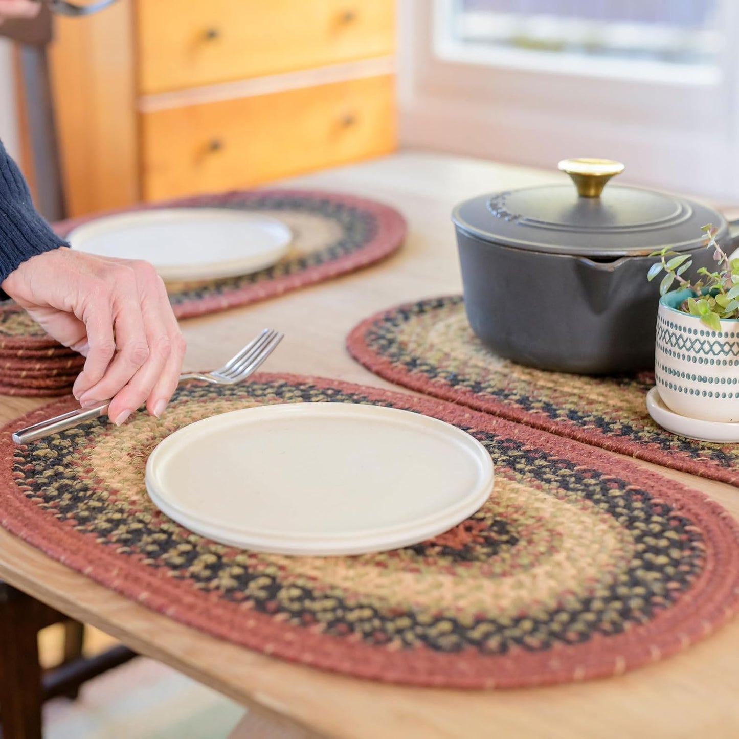 Homespice Highland Jute Braided Placemats, Warm Country and Lodge Decor, Set of 4, Multicolor 13x19 Oval Table Mats - Vibrant Colors, Durable, Easy to Clean and Protects Furniture