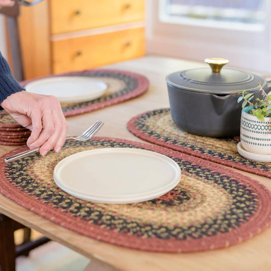 Homespice Highland Jute Braided Placemats, Warm Country and Lodge Decor, Set of 4, Multicolor 13x19 Oval Table Mats - Vibrant Colors, Durable, Easy to Clean and Protects Furniture