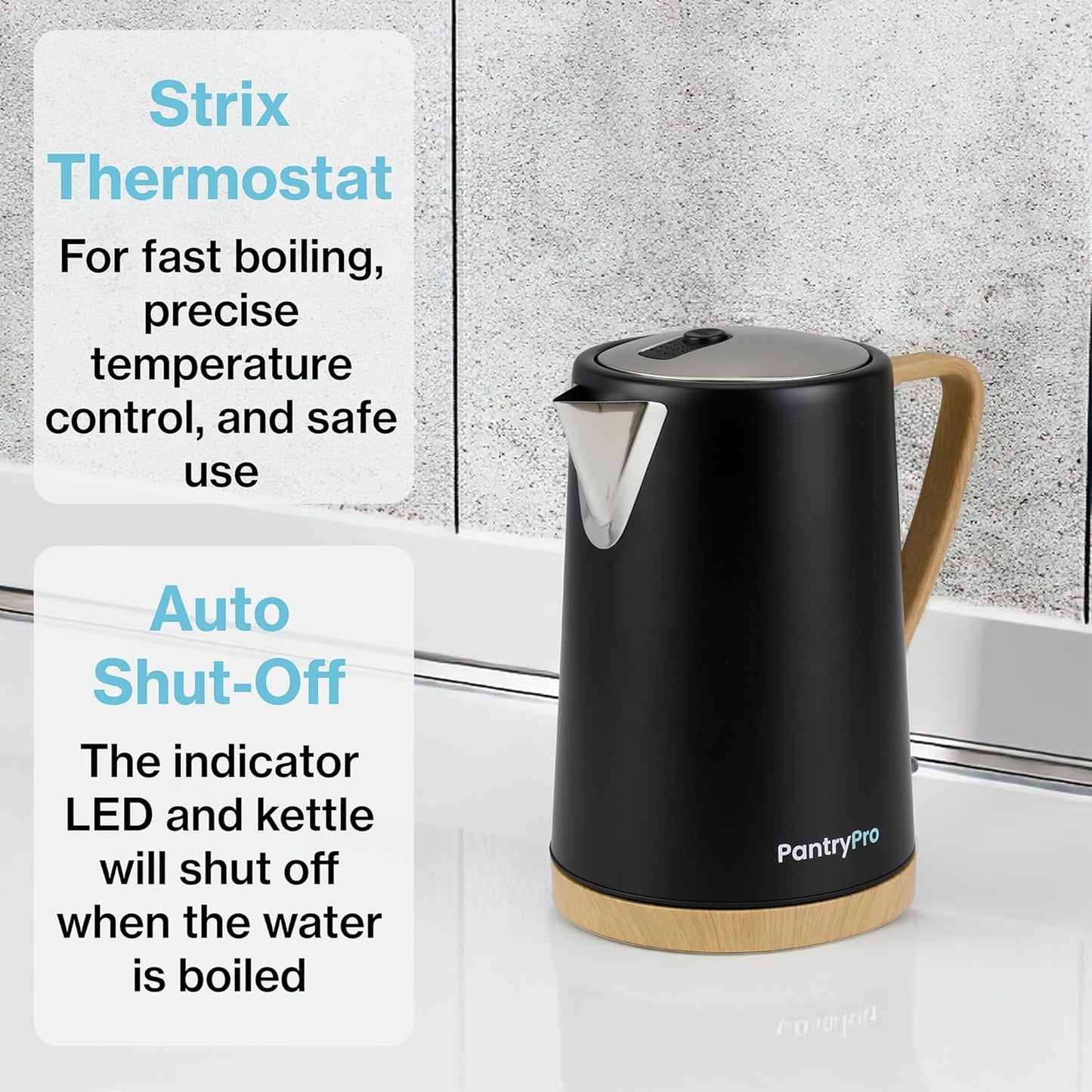 1.7L 1500W Wide Mouth Electric Kettle - Stainless Steel Interior - Rapid-Boil - Auto Shut-Off, Boil-Dry Protection, Cool-Touch, LED Indicator - Black by The Display Guys