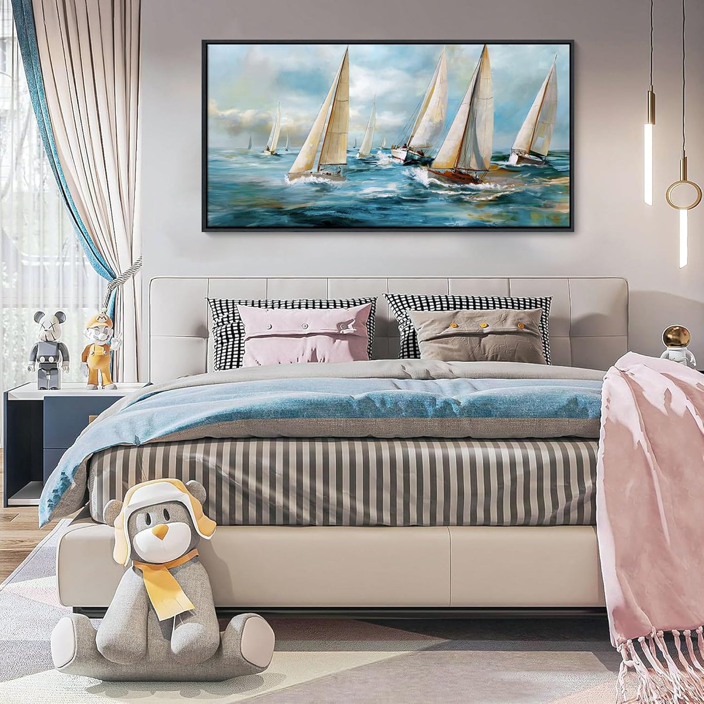 YDYSUNE Sailboat Wall Art - Blue Canvas Retro Painting Textured Picture Artwork Vintage Nautical Large Painting Coastal Modern Print Frame for Living Room Bedroom Home Decoration 24x48inch