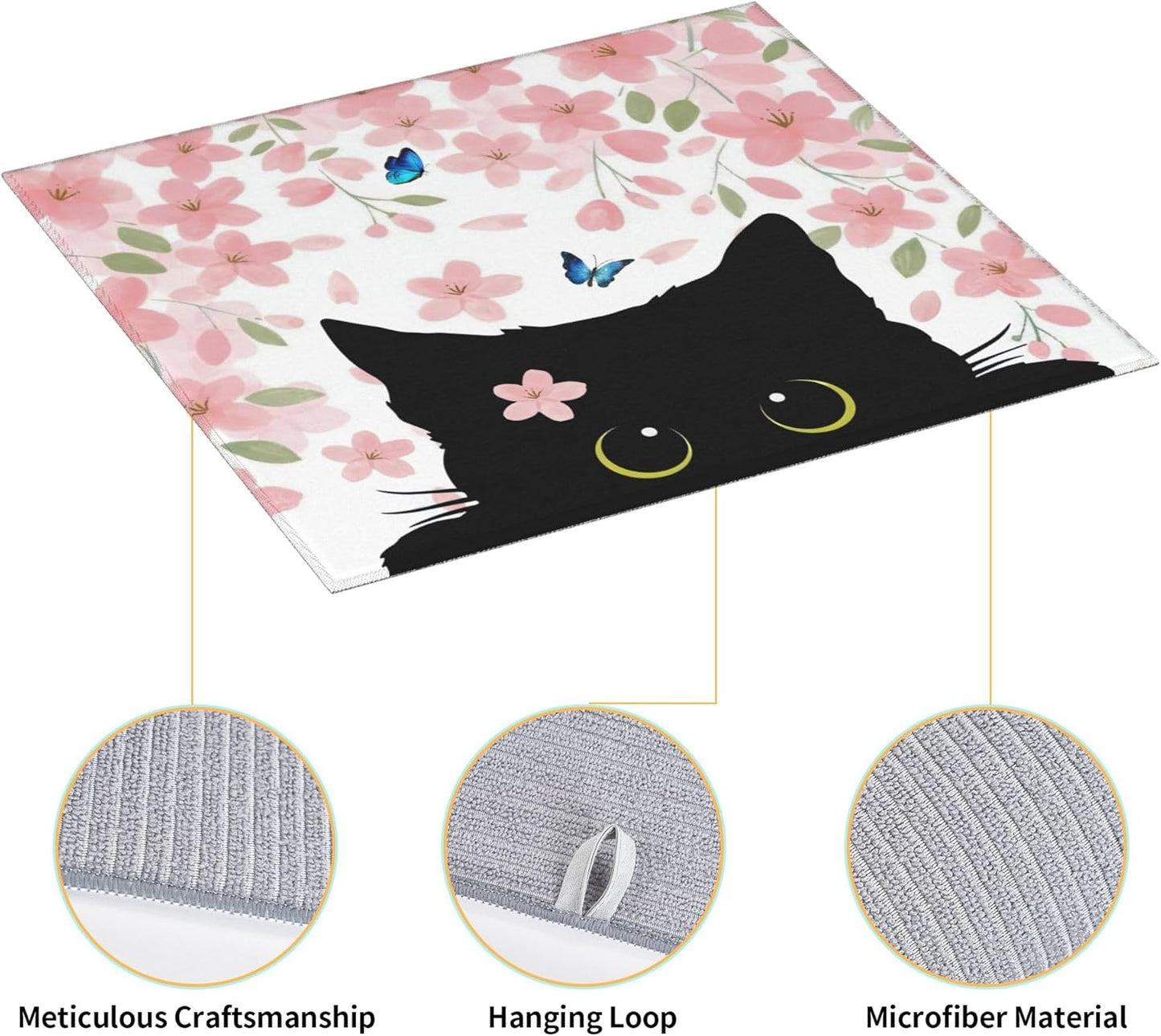 Flowers Black Cat Butterfly Dish Drying Mat for Kitchen Counter, 16"x18" Microfiber Absorbent Fast Dry Mat, 2Pcs Dish Mat Faucet Mats Sets, Large Drying Kitchen Mat Kitchen Drying Pad Coffee Bar Decor