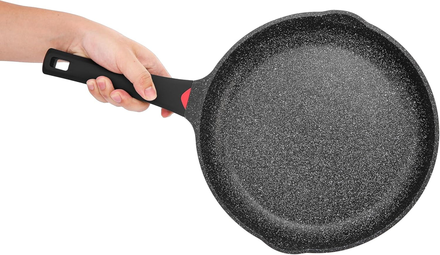 9.5 Inch Non Stick Frying Pan Granite Coated with Pour Spout - 1.9 Quart Skillets & Frying Pans with Comfort Stay Cool Grip Handle - Induction Compatible- Non Toxic PFOA Free Cookware (Black)