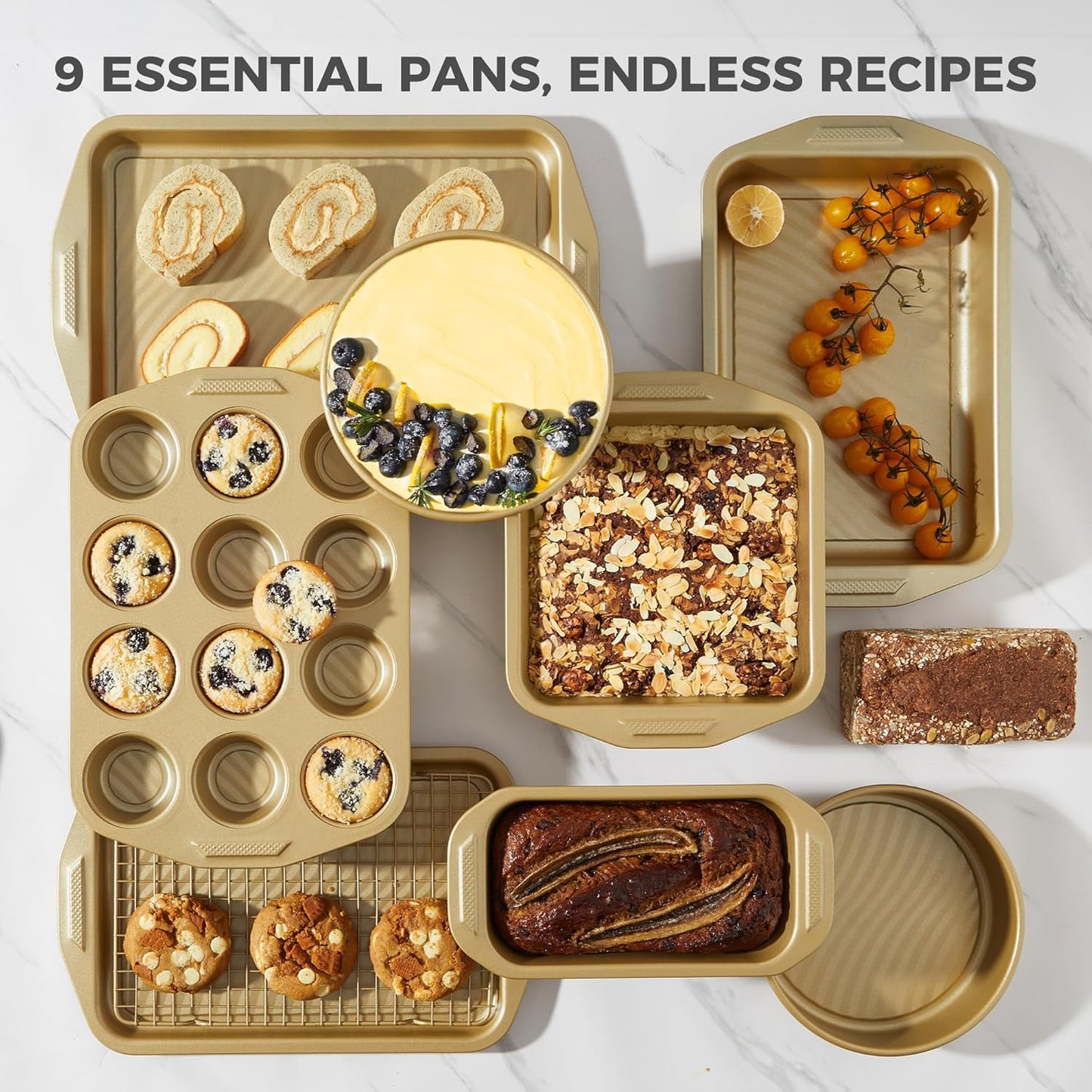 HONGBAKE 9-Piece Baking Pans Set with Wave Texture, 0.8mm Thick Bakeware Sets Non Stick, Includes Stackable Cookie Sheets for Oven Cooking, Cake Pan, Muffin Pan, Loaf Pan, Roasting Pan, Rack, Gold