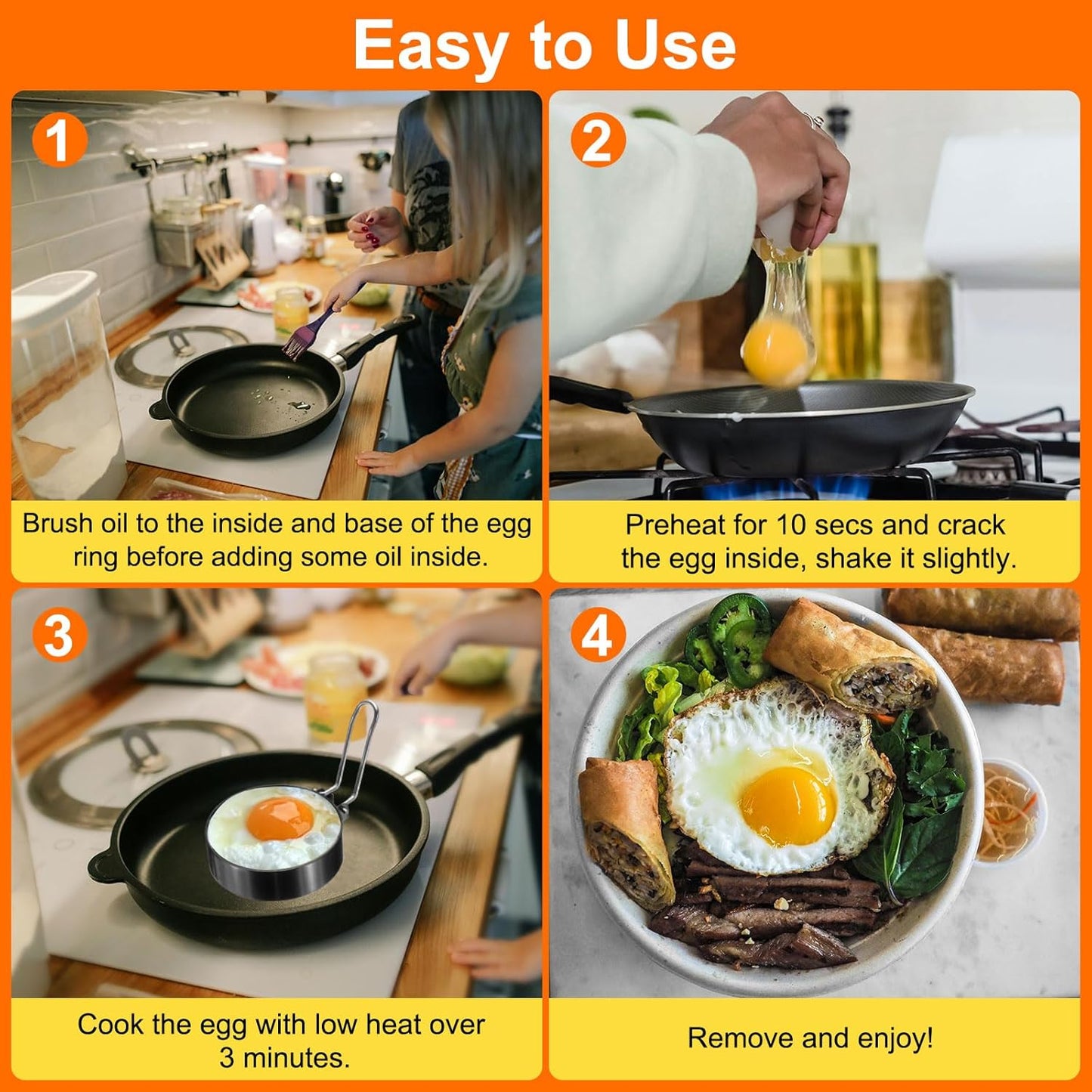 HARFINGTON 4Pcs Egg Rings 6" Stainless Steel Nonstick Pancake Cooking Ring with Silicone Handle for Griddle Frying Eggs Sandwich Omelets Breakfast