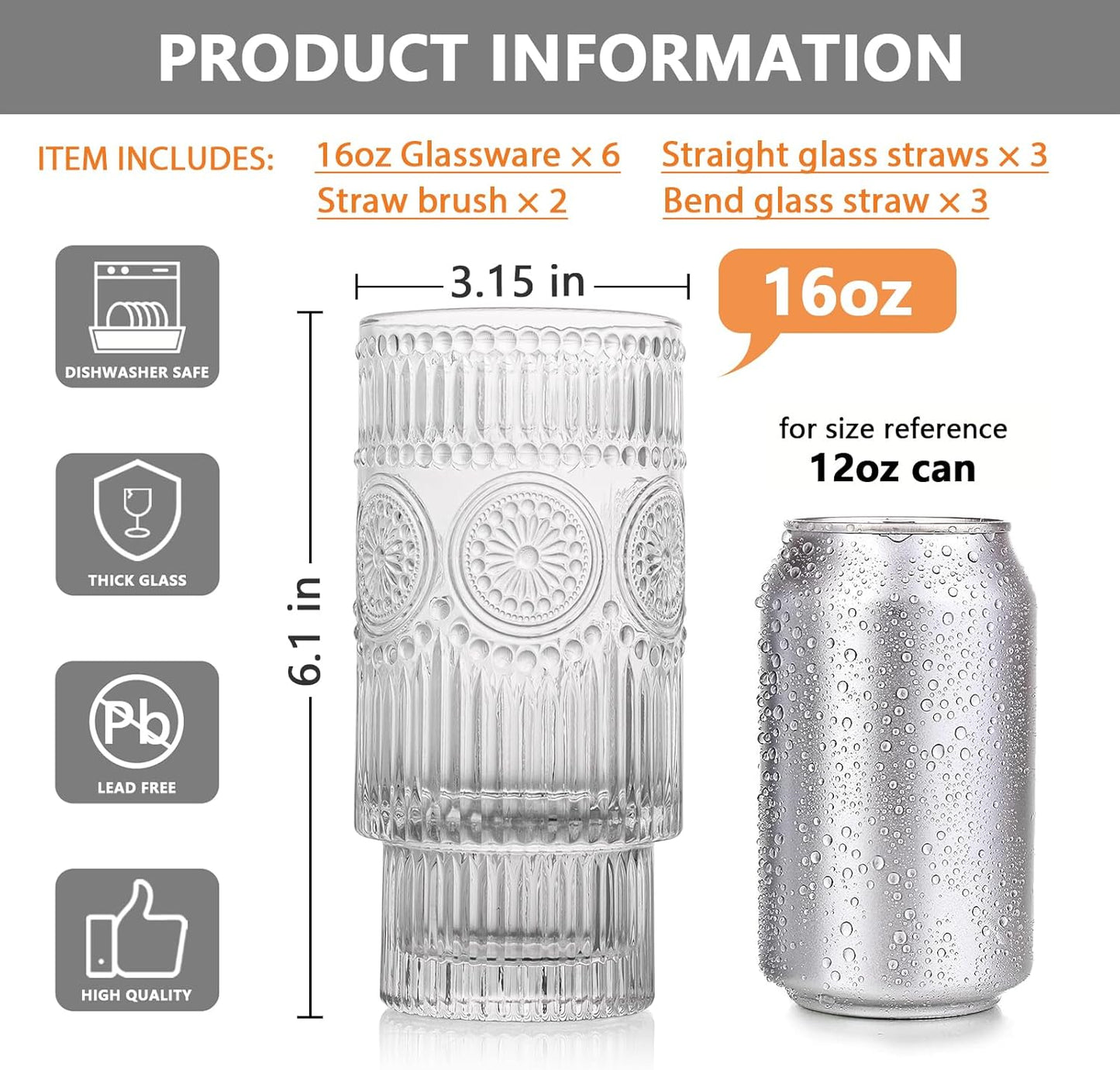 6 Pack Large 16oz Ribbed Glassware Set, With Glass Straws Stackable Glass Cups, Vintage Textured Clear Striped Drinking Glasses Set, for Bar Beverages,Juice,Water,Cocktail,Iced Coffee