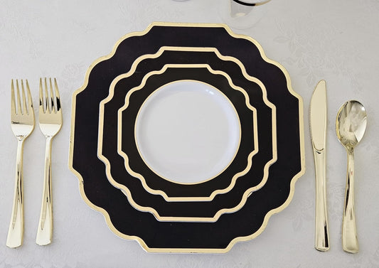 " OCCASIONS " 120 Plates Pack,(60 Guests) Heavyweight Premium Wedding Party Disposable Plastic Plates Set -60 x 10.5'' Dinner + 60 x 8'' Salad/Dessert (Imperial in Black & Gold)