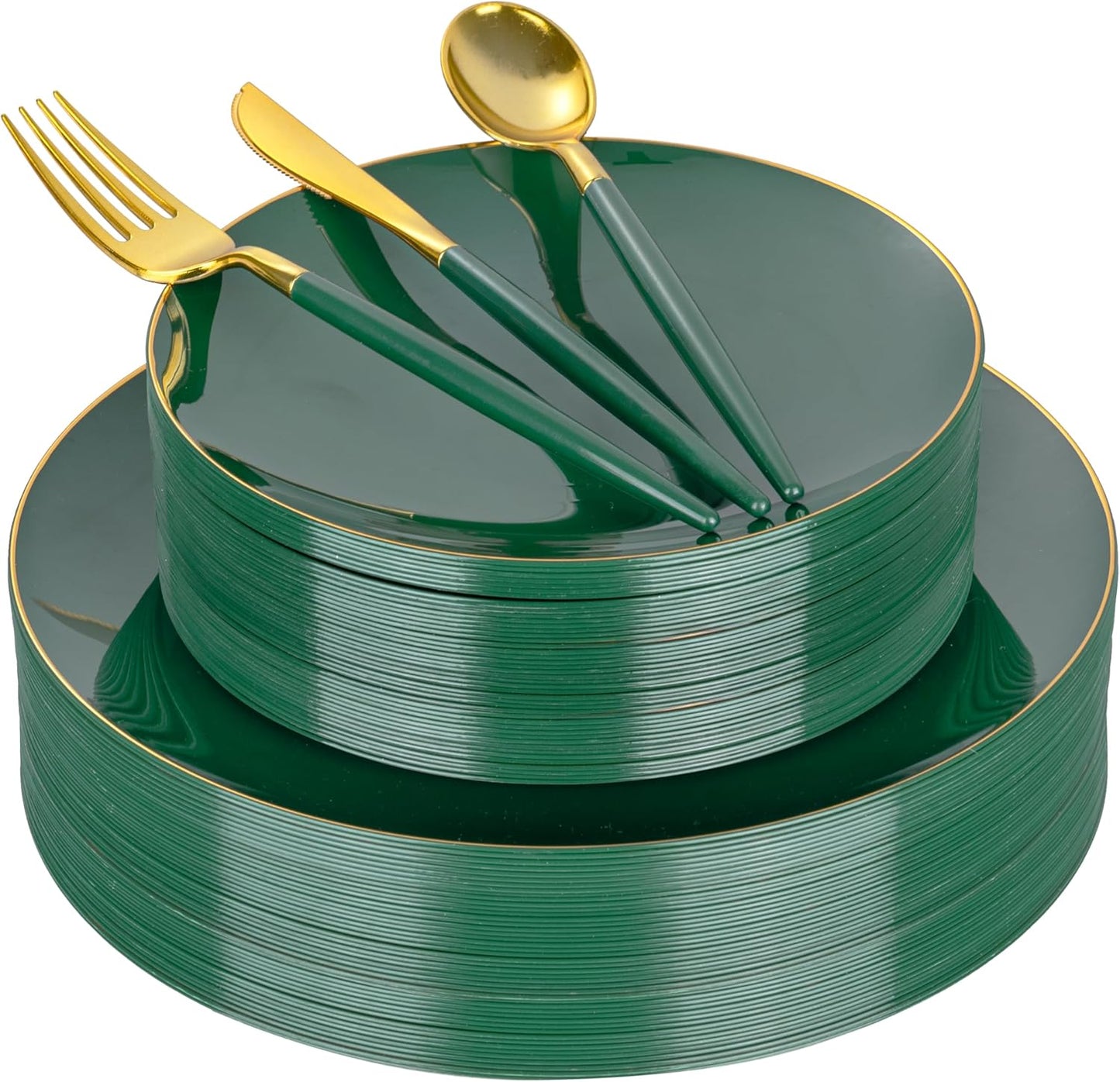 DaYammi 150Pcs Green and Gold Plastic Plates Heavy Duty Gold Rimmed plates Green Plastic Disposable Plates Included 30 Dinner Plate,30 Dessert plate,30 Knives,30 Forks,30 Spoons for Party