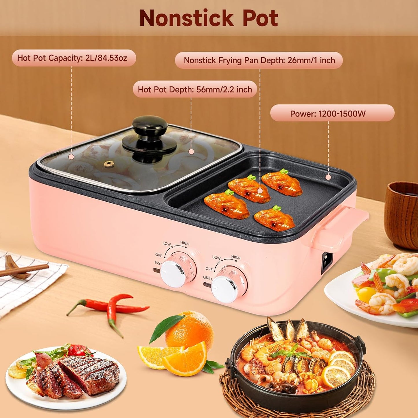 Hot Pot with Grill, Electric Hot Pot and Frying Pan, Shabu Shabu Pot with Grill, 2 in 1 Indoor NonStick Shabu Shabu Pot and Griddle, Dual Temperature Control, Fast Heating (Pink)