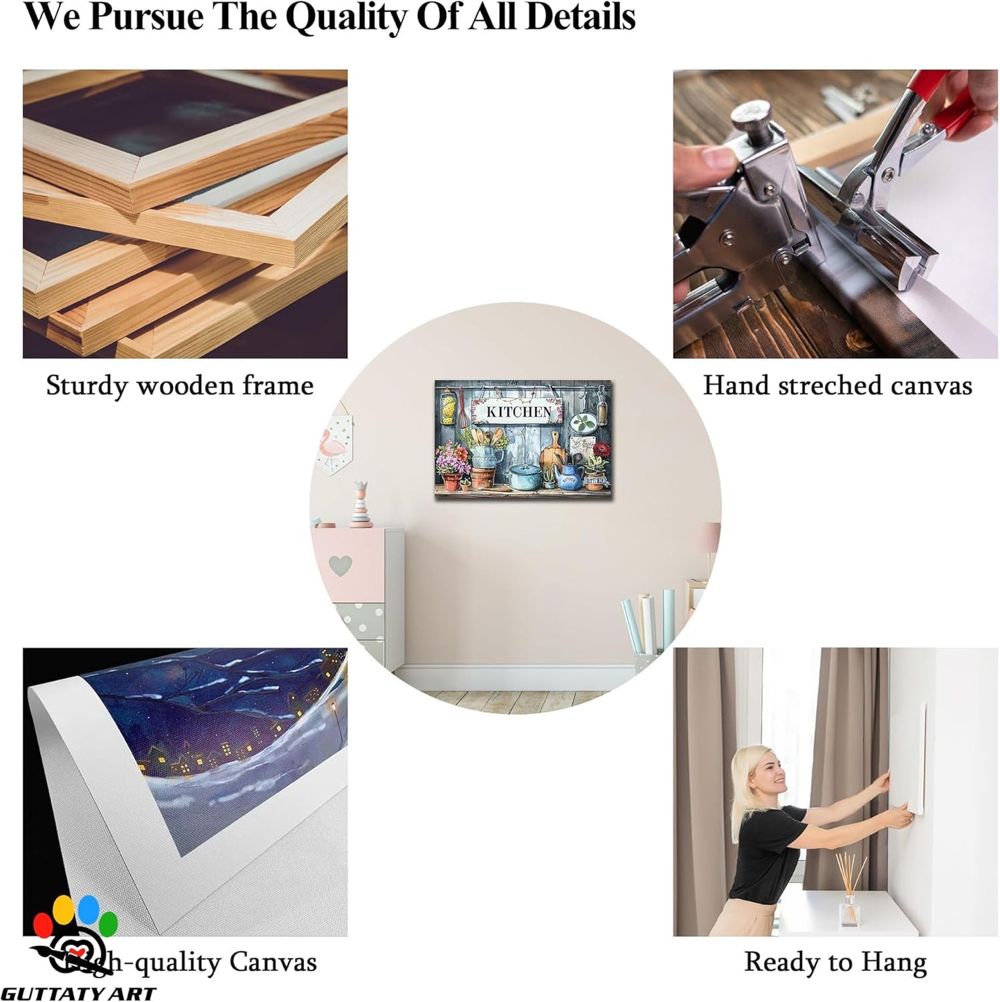 GUTTATY Kitchen Pictures Wall Decor, Farmhouse Wall Art Colorful Flowers and Various Spoons Painting for Dinning Room Restaurant Decor, Mother's Day Gift for Grandma Mom Hanging Artwork 24×36 Inch