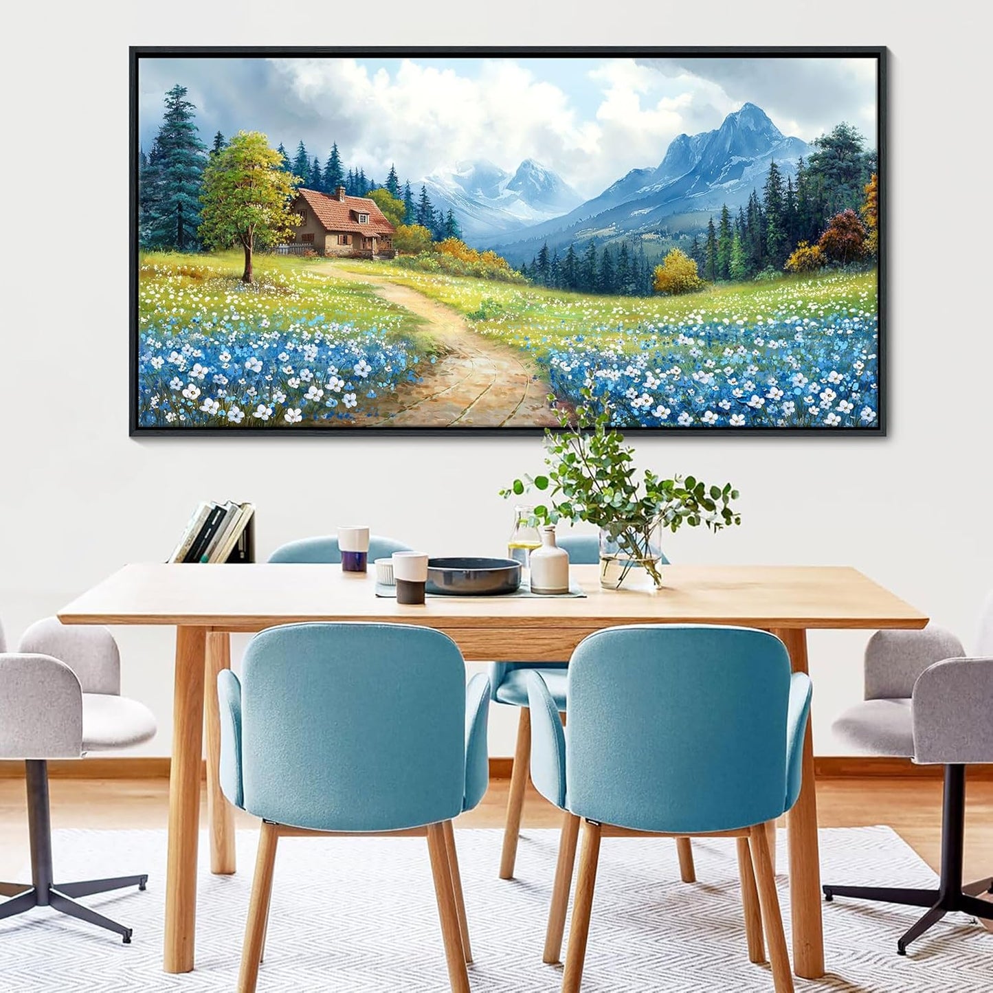 CHATYOUNG Framed Wall Art Landscape Paintings, Blue Misty Mountains Rustic Canvas Prints Farmhouse Cottage Wall Pictures Large 24"X48" for Living Room Bedroom Bathroom Home Decor Moving Gift
