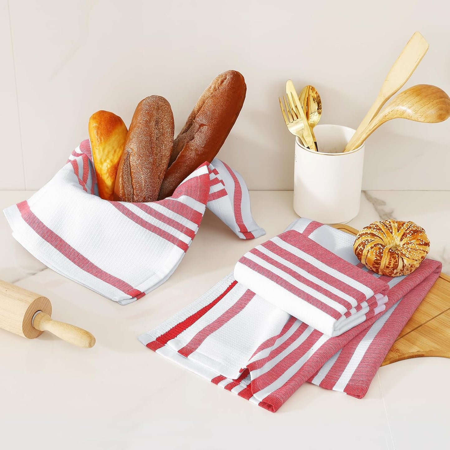 Homaxy Premium Kitchen Towels 18”x 28”, Large Cotton 380 GSM Kitchen Hand Towels, Stripe and Terry Dish Towel, Highly Absorbent Tea Towel Set with Hanging Loop, 6 Pack, Red