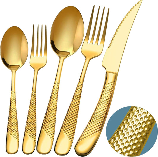Runfly 20 Piece Hammered Gold Silverware Set, 18/10 Stainless Steel Flatware Set, Modern Kitchen Utensil Set Service for 4, Tableware Set, Cutlery Set Including Fork Spoon and Knife