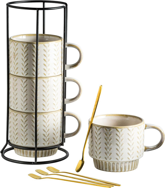 Coffee Mugs Set of 4 with Spoons & Stand, Stackable Espresso Cups 13oz Coffee Mug for Drinks Latte Cappuccino Tea, Coffee Cup for Women Men Couples Housewarming Birthday Gift, Dishwasher Safe