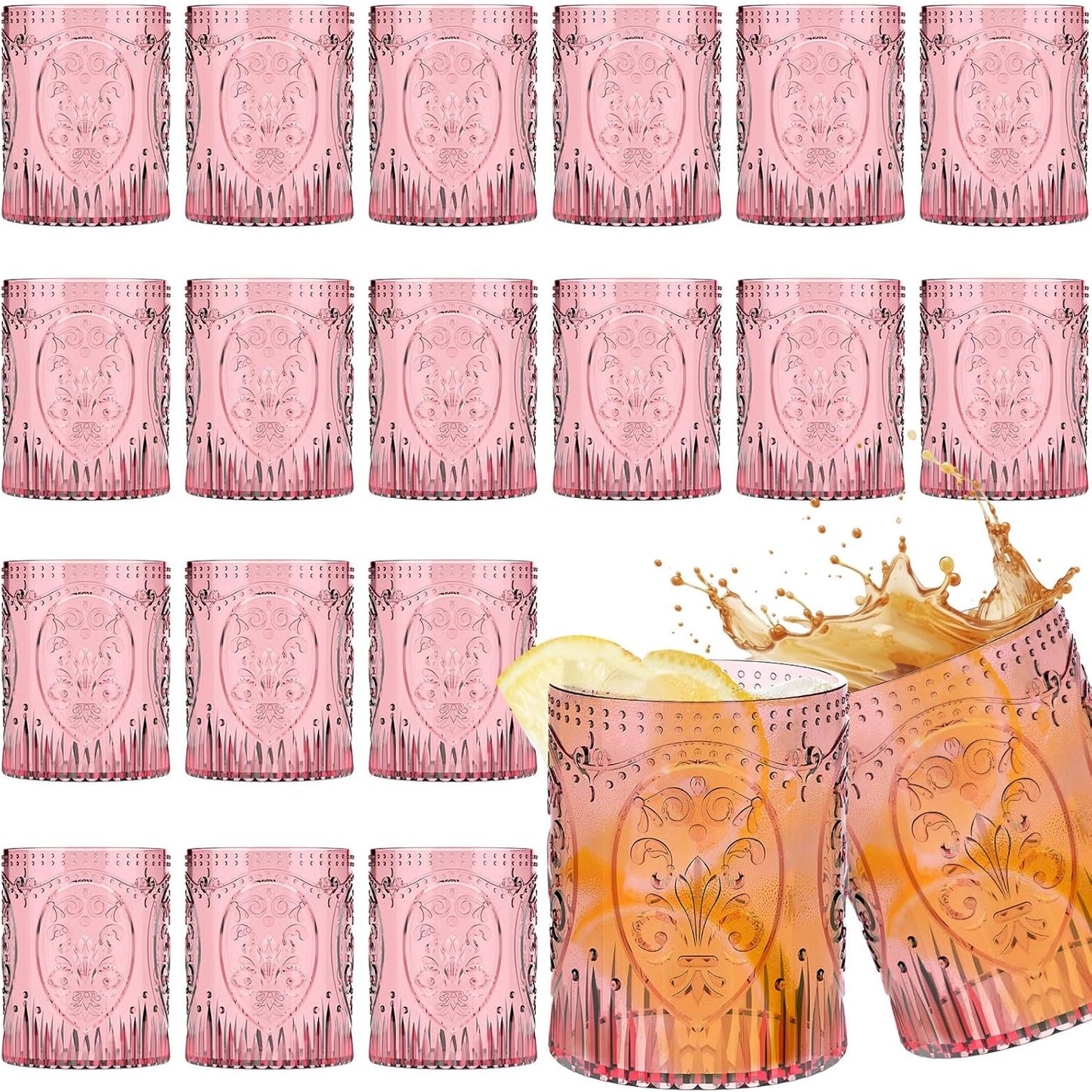 24 Plastic Vintage Drinking Glasses 8.5oz Stemless Retro Embossed Wine Glasses Shatterproof Reusable Cups for Baby Shower Wedding Reception Grand Event Party (Pink)