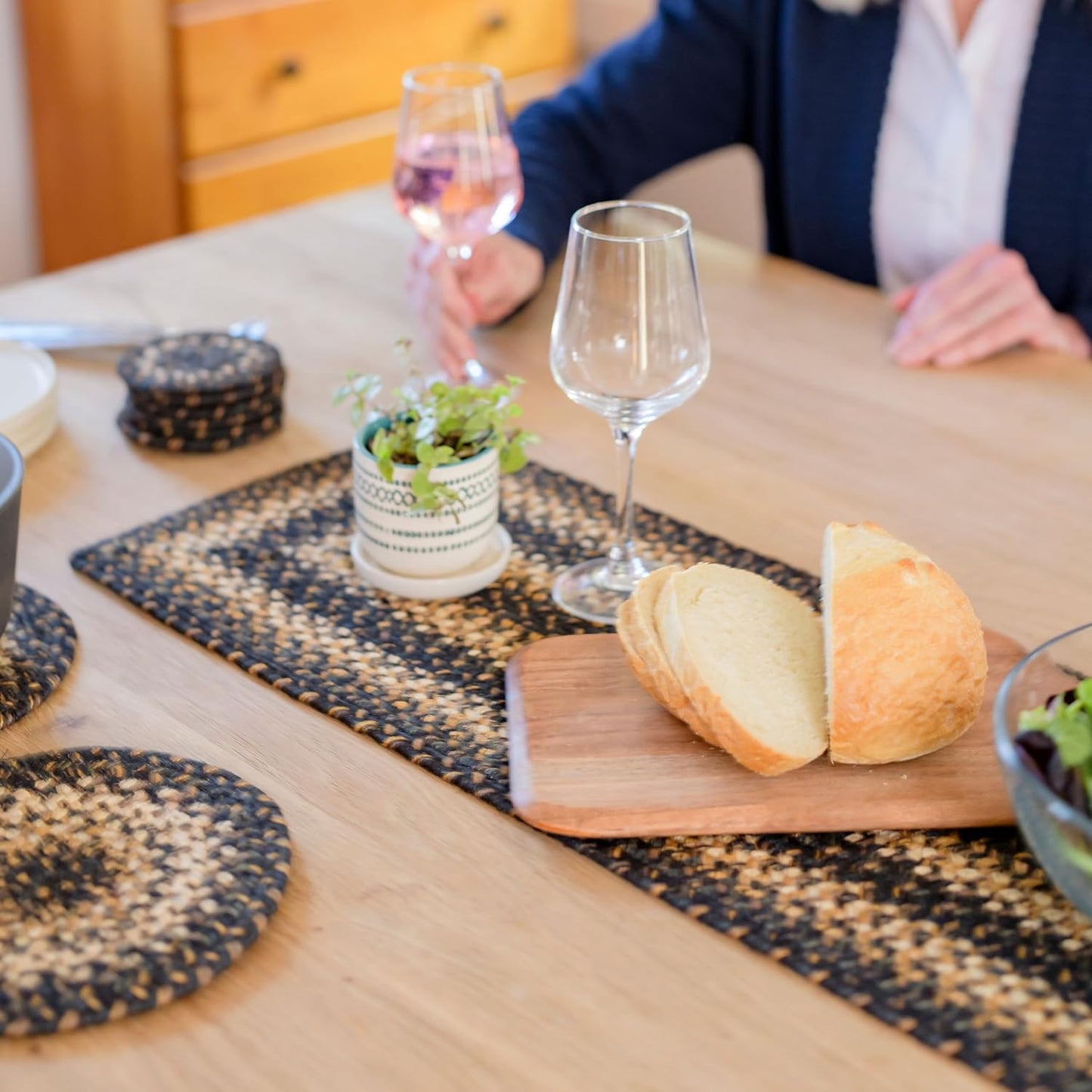 Homespice Kilimanjaro Jute Braided Long Table Runner, Warm Primitive Decor, Black and Brown Rectangle 11x36 - Rich Colors, Easy to Clean, Durable and Protects Furniture