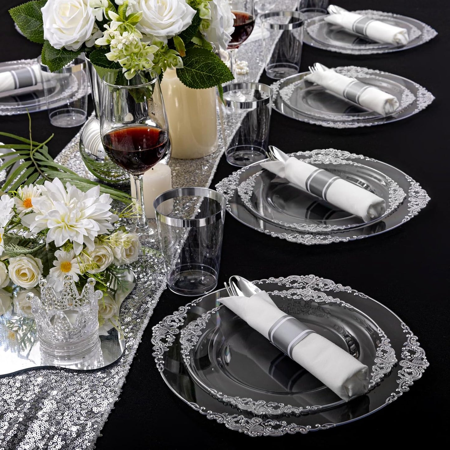 Morejoy 350PCS Clear Silver Plastic Plates - Silver Disposable Plates sets Include 50 Dinner Plates,50 Salad Plates,50 Forks,50 Knives, 50 Spoons，50 Cups, 50 Rolled Napkins for Wedding & Party