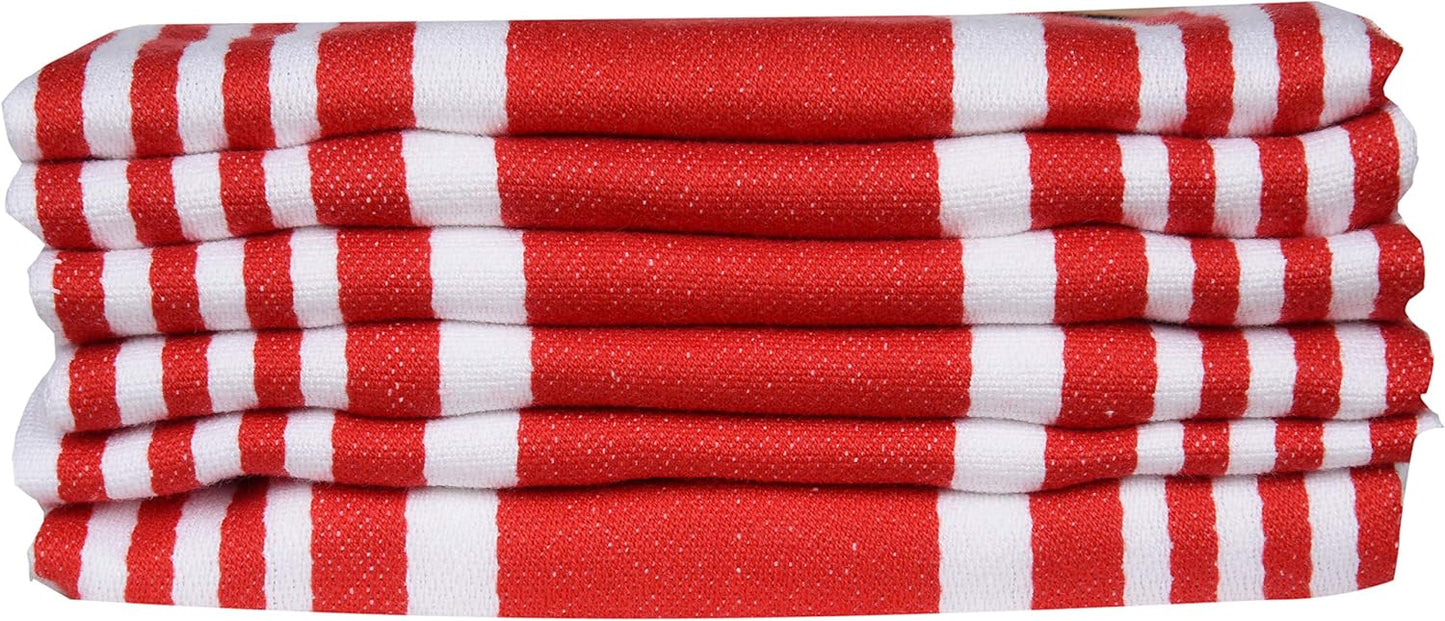 Urban Villa Kitchen Towels 100% Cotton Pack of 6, Highly Absorbent Quick Drying Super Soft Premium Dish Towels for Kitchen with Hanging Loop Hand & Tea Towels - 20x30 Inch, (Red & White, Striped)