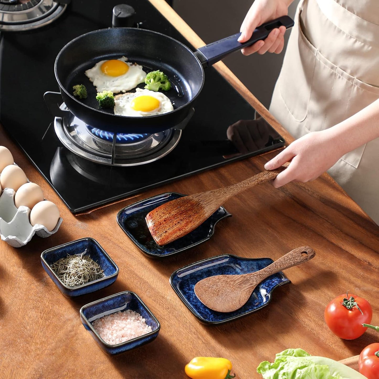 vancasso Stern Spoon Rest for Kitchen, Square Ceramic Spoon Holder for Stove Top, Heat Resistant Utensil Rest for Countertop, Dishwasher Safe, Kiln Blue, 2 Pack