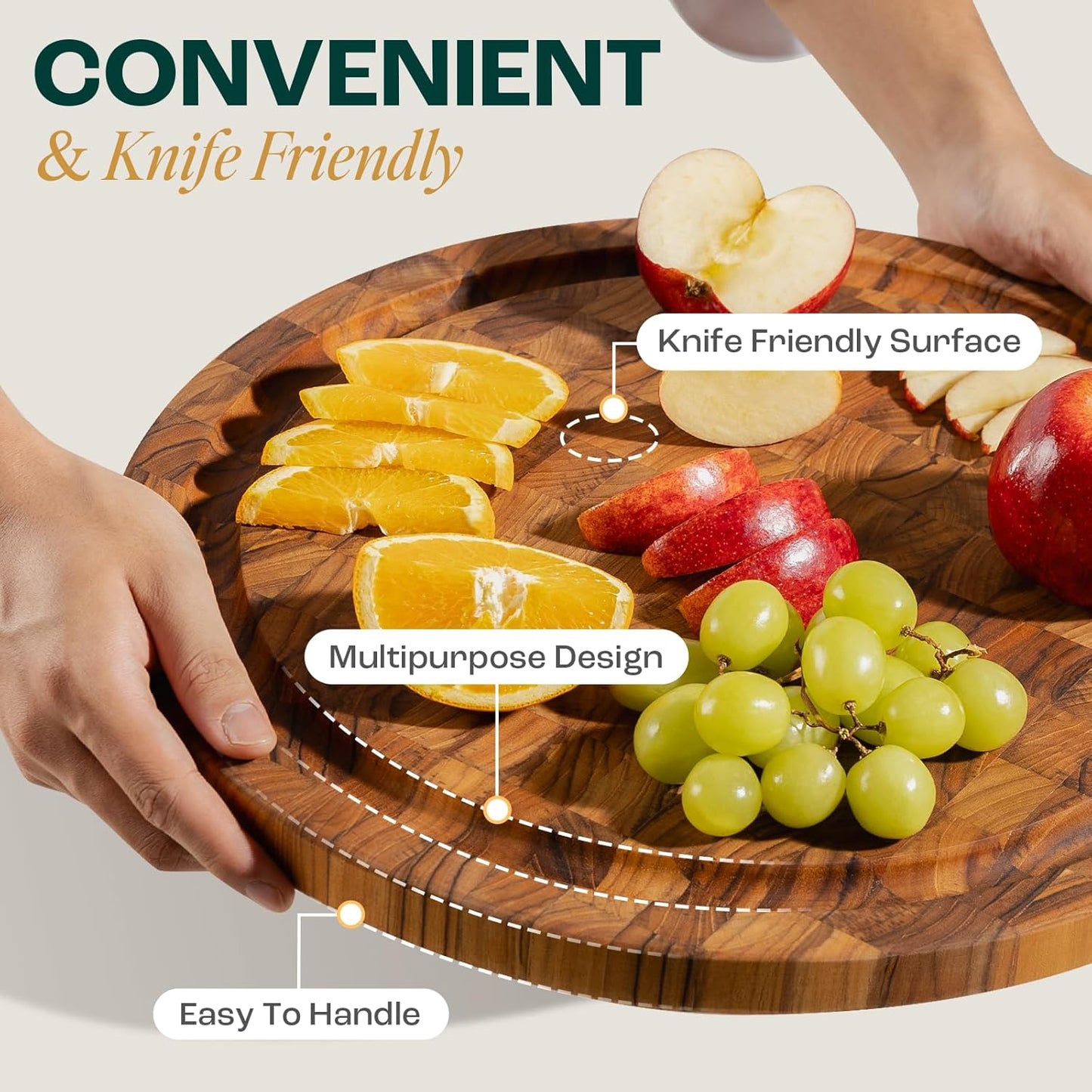 Yes4All Round Teak Cutting Boards for Kitchen, [16"D x 1"Thick] End Grain Cutting Board, Teak Wood Serving Board, Food Safe Surface for Slicing and Serving, Wood Charcuterie Board with Build In Handle