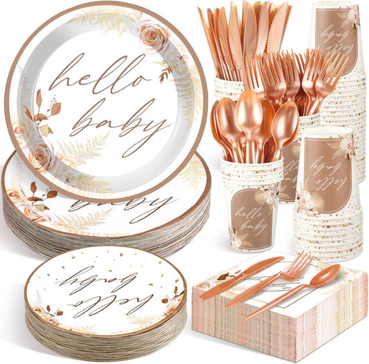 Dandat 350 Pcs Baby Shower Plates Set Baby Shower Party Supplies Serves 50 Tableware Sets Include Plates Napkin Cup Forks Knives Spoons Disposable Dinnerware(Boho Pampas Grass,Brown)