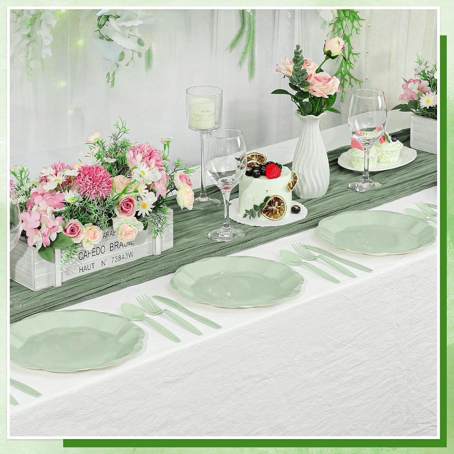 30pcs Sage Green Paper Plates, 9inch Scalloped Sage Green Dessert Dinner Plates Cute Party Plate Disposable Greens Party Supplies for Wedding, Baby Bridal Shower, Birthday