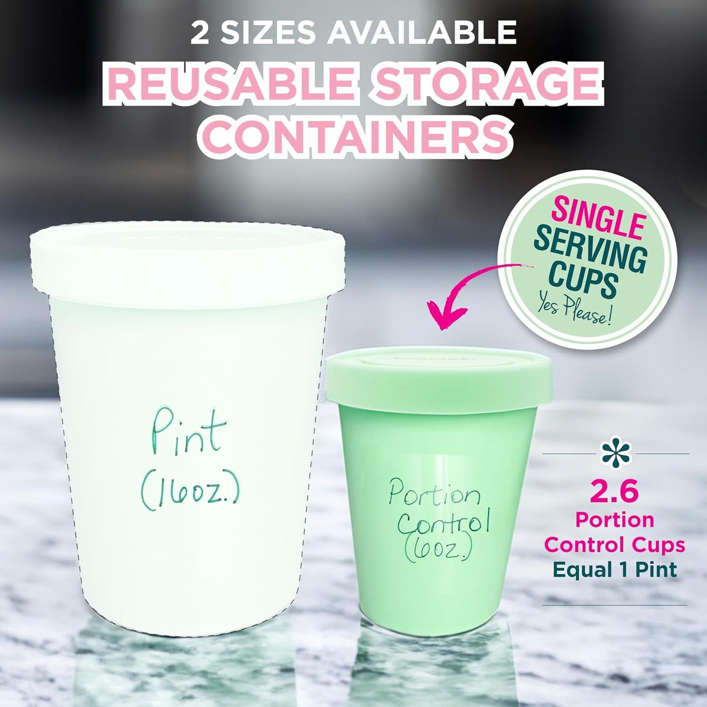 KOYAIRE Portion Control Ice Cream Containers for Homemade Ice Cream (6 oz. Each, 6 Pack), Airtight Food Storage Containers with Lids, Single Serving Mini Freezer Cups for Adults, Snack Size, Small