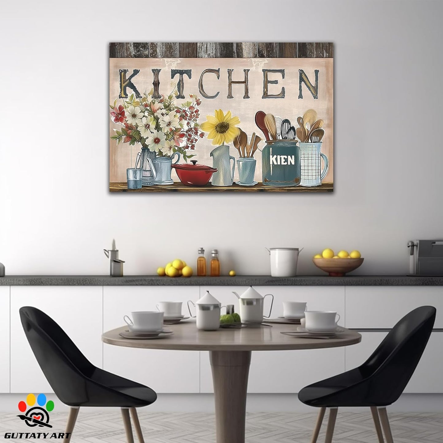 GUTTATY Farmhouse Wall Art Rustic Kitchen Decor, Ready to Hang Kitchen Canvas Print Sunflowers And Various Spoons,Retro Posters Prints for Dinning Room Home Kitchen Restaurant Painting 28×40 Inch