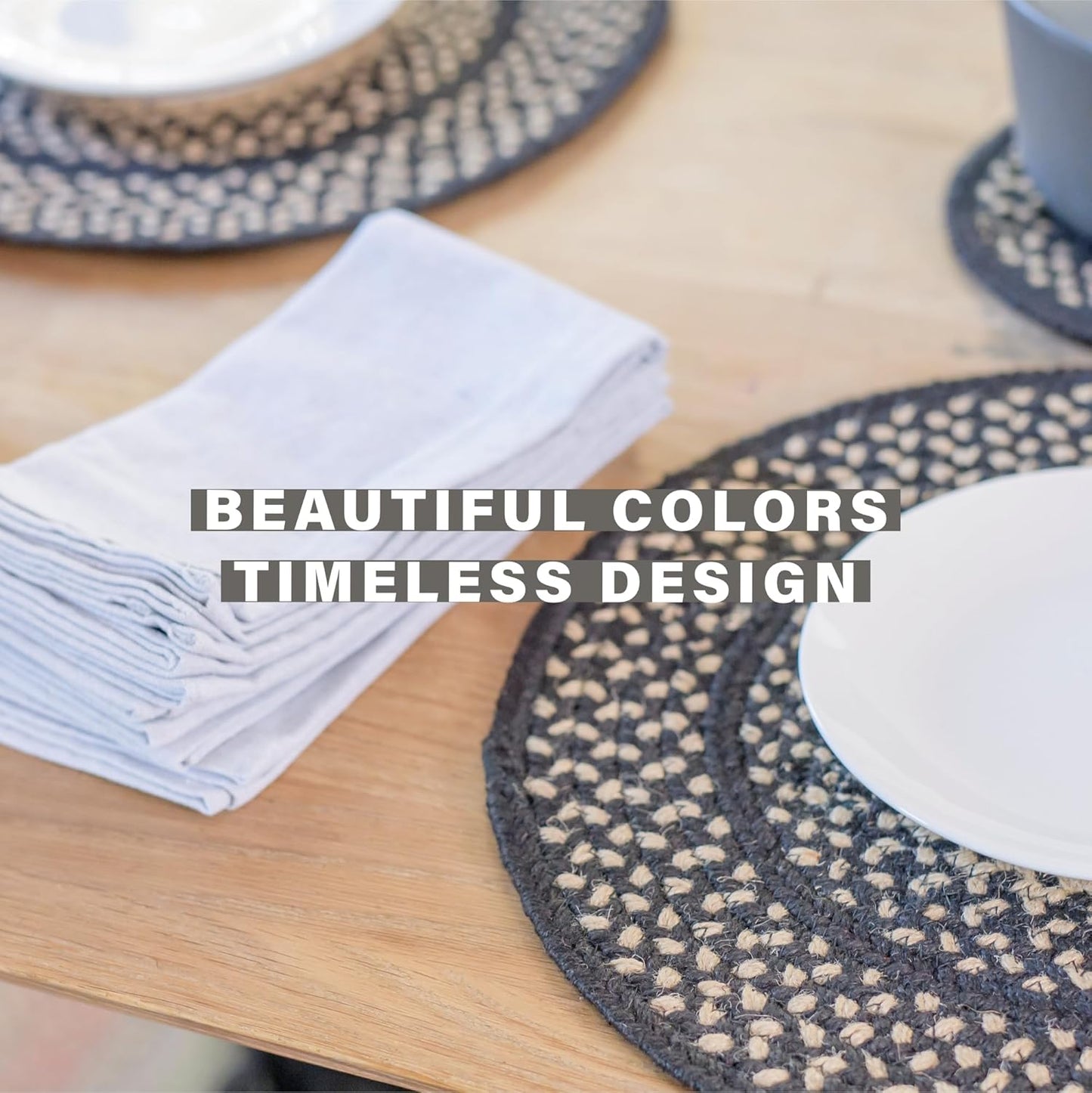 Manchester Round Braided Placemats, Country Primitive Decor, Set of 2, 15" Black and Tan Jute Table Mats - Vibrant Colors, Durable, Easy to Clean and Protects Furniture