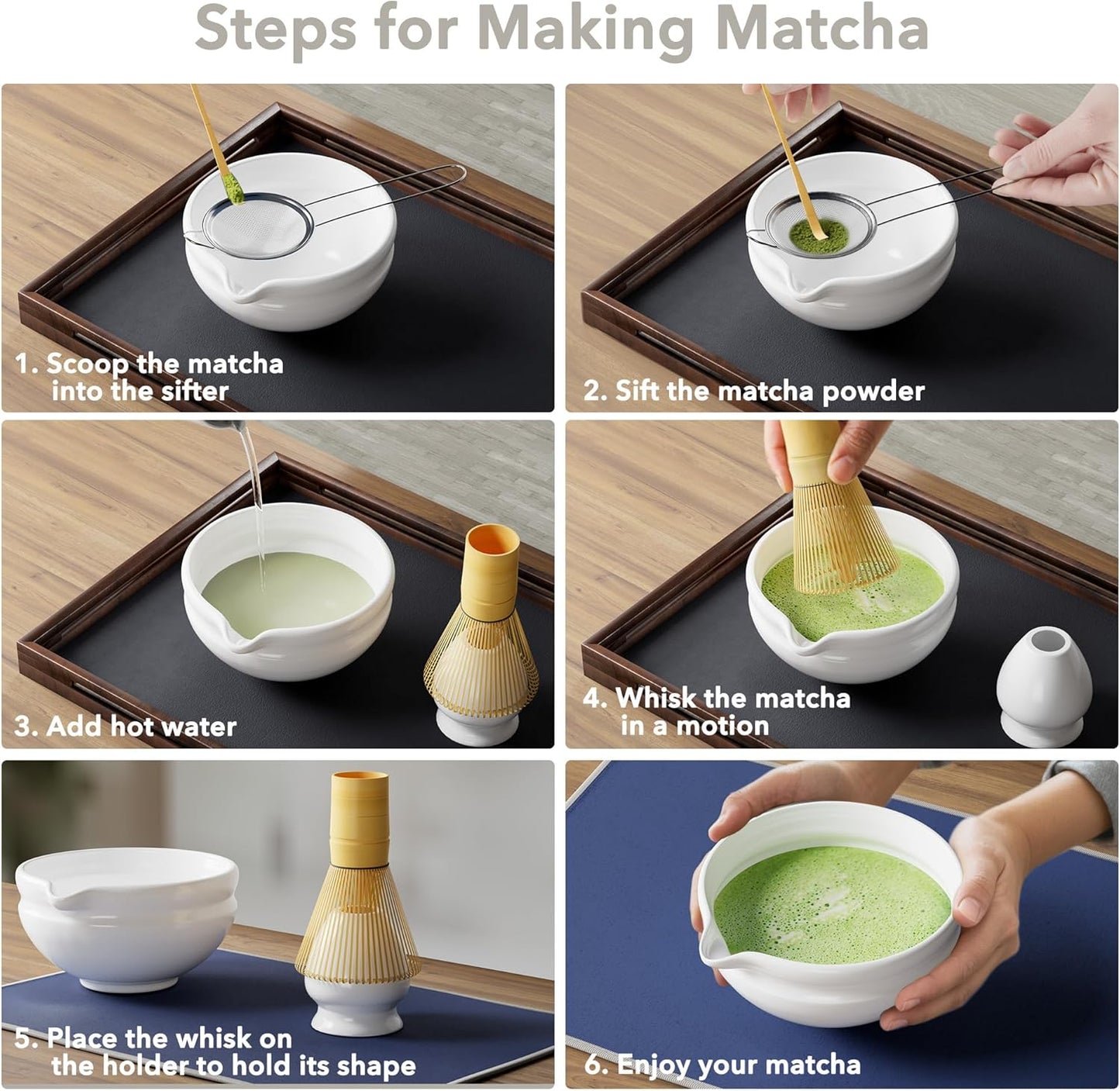 7 Pcs Matcha Whisk Set, Perfect Matcha Kit for Matcha Lovers Includes Ceramic Bowl, Bamboo Whisk, Holder, Scoop, Sifter & Cloth