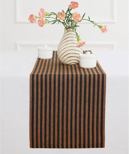 Solino Home Table Runner 120 Inches Long - Amalfi Stripe, 100% Pure Linen Pumpkin and Black Table Runner 14 x 120 Inch for Dining, Fall, Autumn, Halloween, Thanksgiving