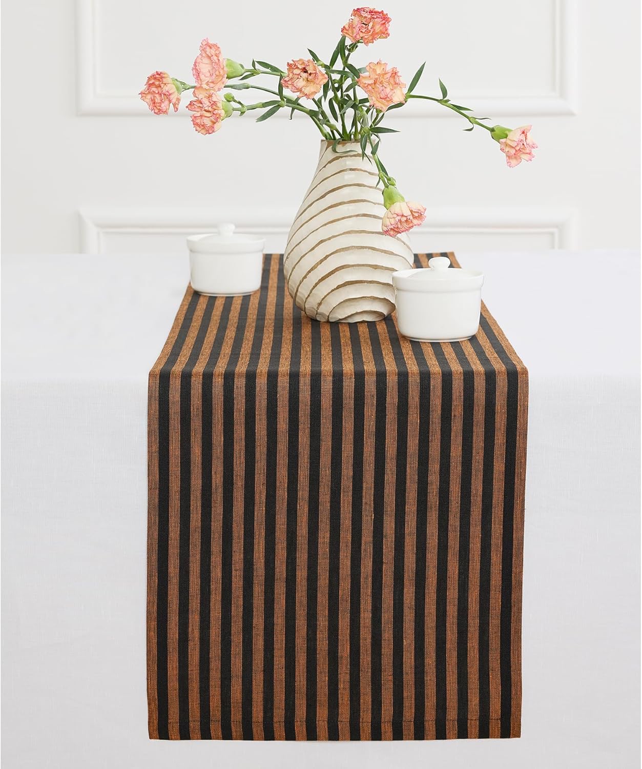 Solino Home Table Runner 108 Inches Long - Amalfi Stripe, 100% Pure Linen Pumpkin and Black Table Runner 14 x 108 Inch for Dining, Fall, Autumn, Halloween, Thanksgiving