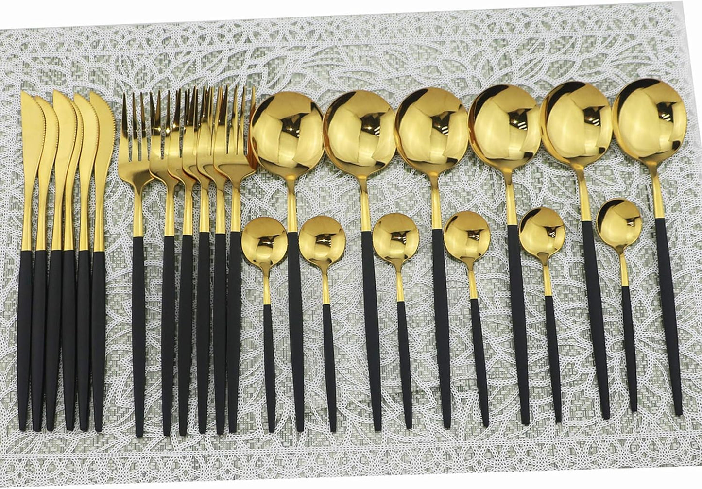 Shiny Silverware Sets, 24-Piece Elegant Cute Black Handle Gold Cutlery set,304 Stainless Steel Silverware Set for Eating Home Kitchen Hotel Restaurant, Sets for 6 People, Dishwasher Safe