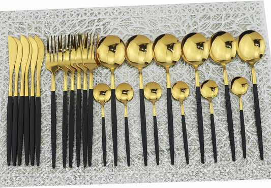 Shiny Silverware Sets, 24-Piece Elegant Cute Black Handle Gold Cutlery set,304 Stainless Steel Silverware Set for Eating Home Kitchen Hotel Restaurant, Sets for 6 People, Dishwasher Safe