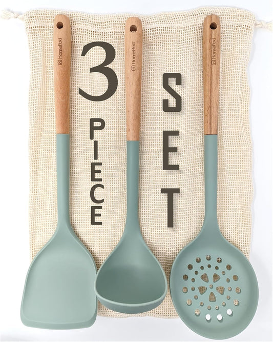 Set of 3 Kitchen Essentials Utensils Set of Silicone Spatulas 15 inches Large Heat Resistant 600F Cooking Baking Non Slip Handles Won't scratch Cookware, Turner Rubber Spatula Ladle Espatula (Green)