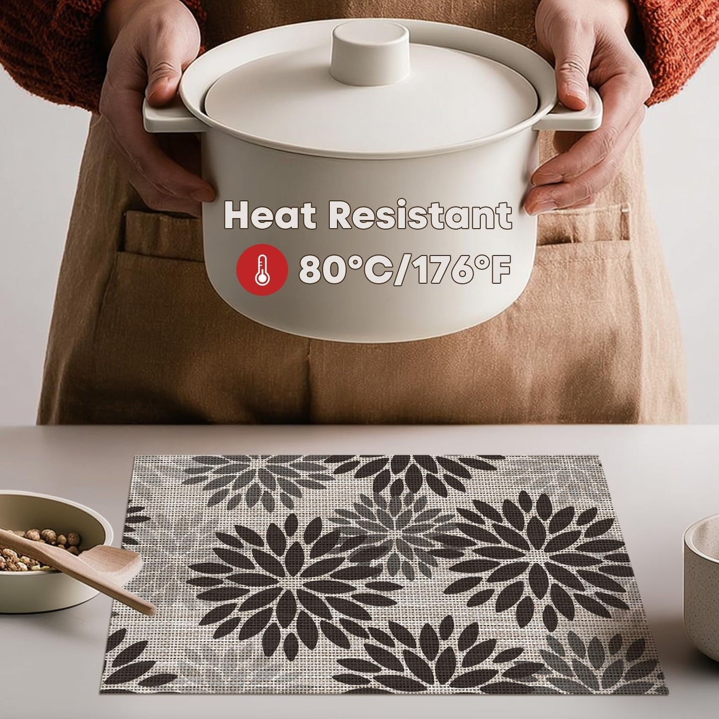 Artoid Mode Floral Vinyl Placemats Set of 6, Heat Resistant Washable Non-Slip Plistic PVC Place Mats for Party Kitchen Dining Decor, Black