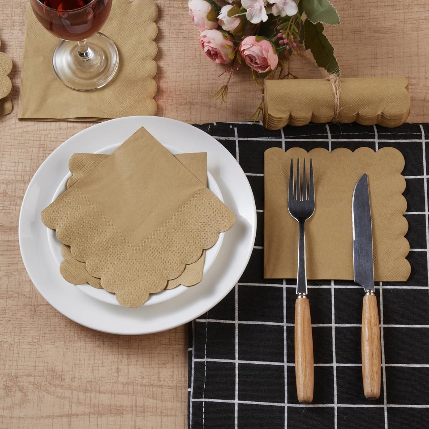 100 Pack Cocktail Napkin 2-Ply Scalloped Edged Dessert Napkins Folded 5 x 5 Inches Disposable Napkins for Dinner Wedding Birthday Party Bridal Anniversary Reception Event (Brown)
