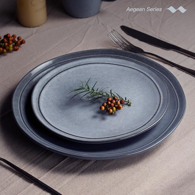 Famiware Aegean Stoneware Dinnerware Set for 4, Plates and Bowls Sets, 12-Piece Scratch-Resistant Dinner Plate Set, Handmade Irregular Round Dishes - Microwave and Dishwasher Safe, Blue Grey