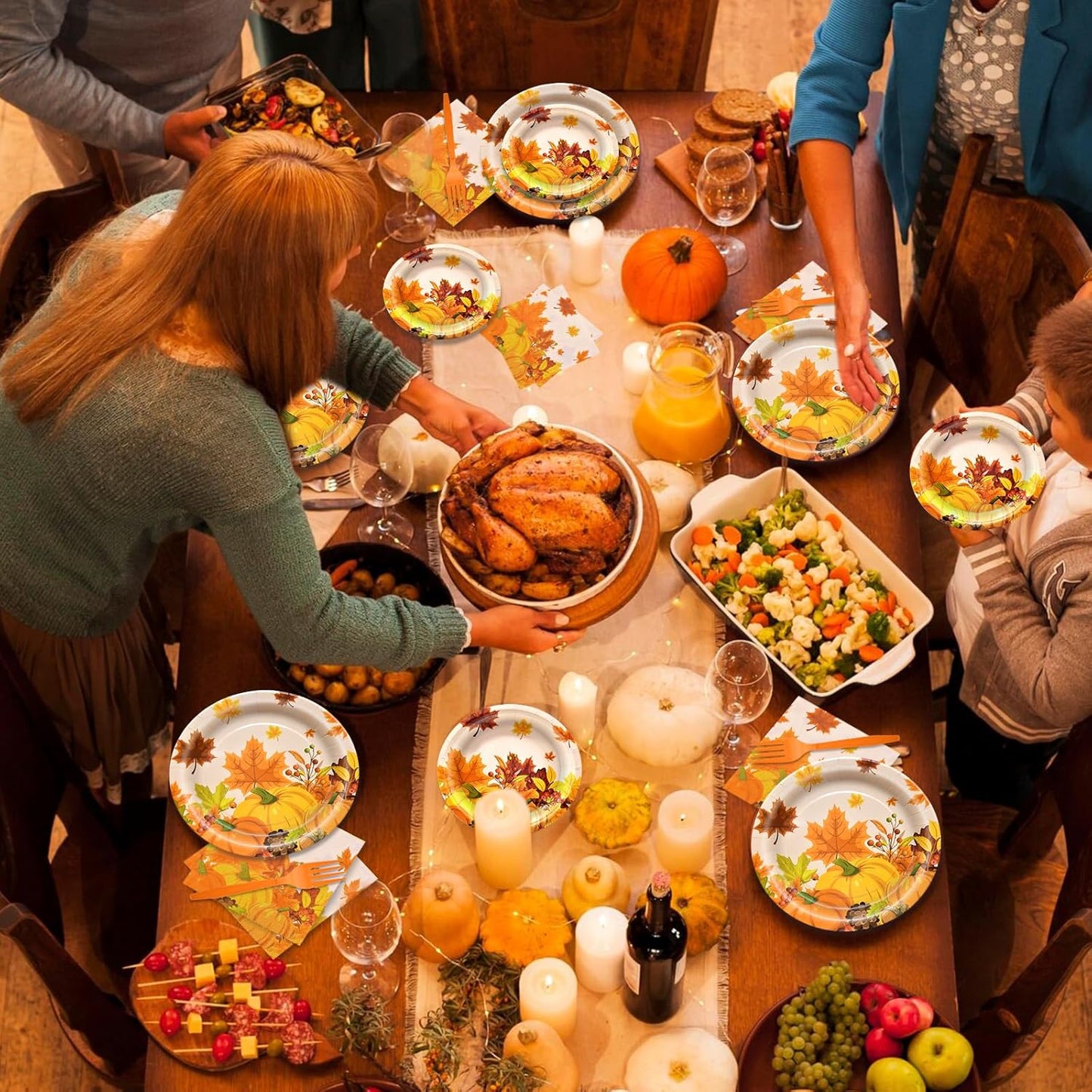 96 Pieces Thanksgiving Tableware Set - Fall Harvest Disposable Dinnerware with Plates, Napkins, Forks for Autumn Celebrations, Thanksgiving Day, and Harvest Festival, Serves 24 Guests