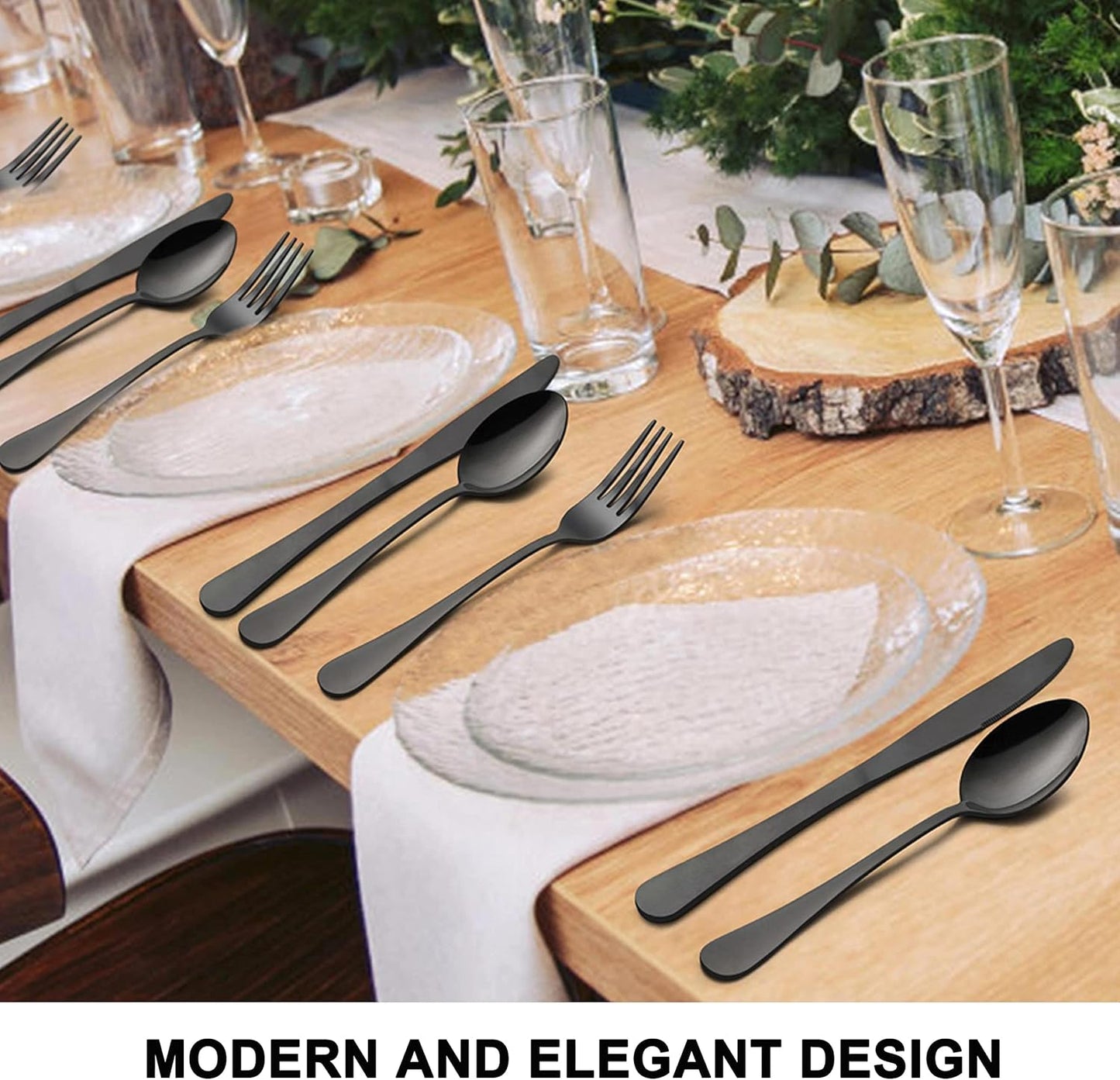 LIANYU 48-Piece Black Silverware Set with Steak Knives, Stainless Steel Flatware Cutlery Set for 8, Modern Eating Utensils Tableware, Mirror Finish, Dishwasher Safe