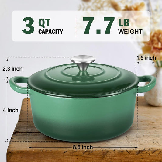 Small 3 Quart Dutch Oven, HaSteeL Round Cast Iron Cooking Pot with Lid, Nonstick Enameled Cookware for Sourdough Bread Baking Roasting Stewing Braising Frying, Heavy Duty & Oven Safe 500℉, Bamboo