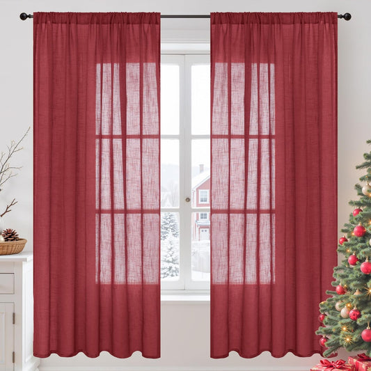 BGment Burgundy Linen Curtains 72 Inches Long for Living Room, Window Drapes Semi Sheer Textured for Farmhouse Bedroom Dining Christmas Decor with Rod Pocket Lightweight, 2 Panels, Each 52 Inch Wide